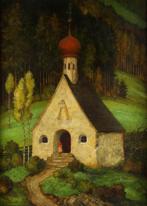 painting-by-the-GermanAustrian-artist-Matthäus-Schiestl-1869-1939-of-a-young-girl-visiting-a-chapel-in-the-woods..jpg (500×699)